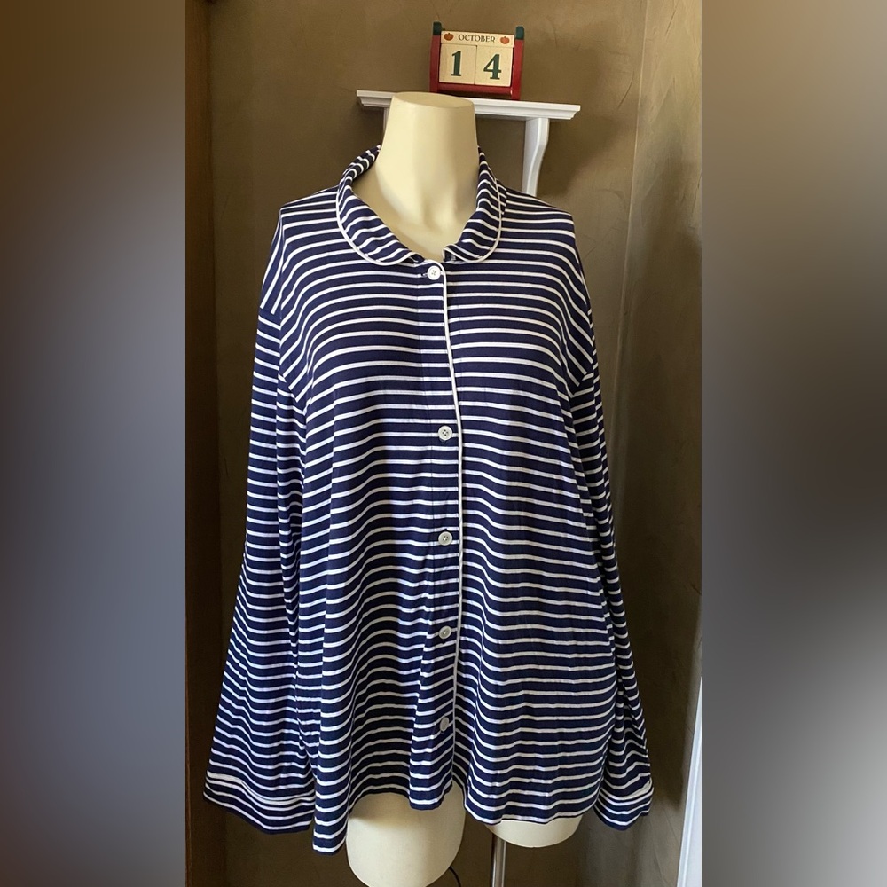 J.Crew Women's Top Navy White Striped Nautical Button Down Stretch Fabric XL